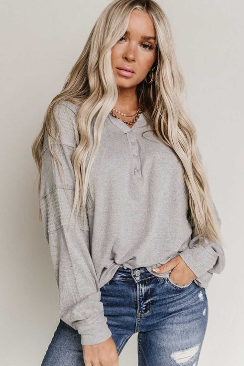 Waffle Patchwork Dolman Sleeve Henley Top